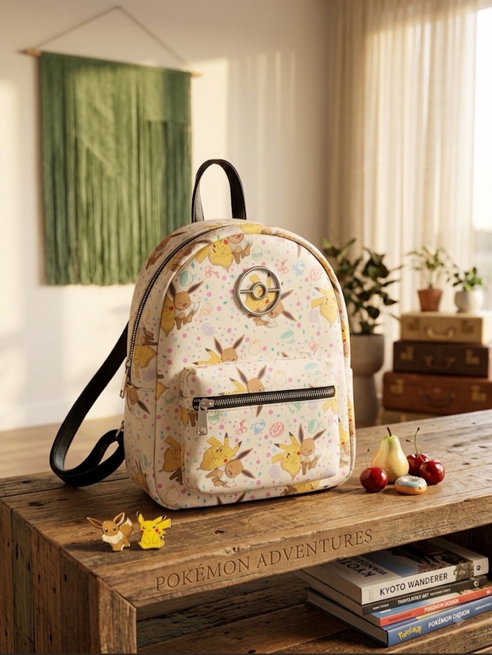 Pokemon Cream Eevee & Pikachu Mini Backpack with Black Straps and Gold Accent